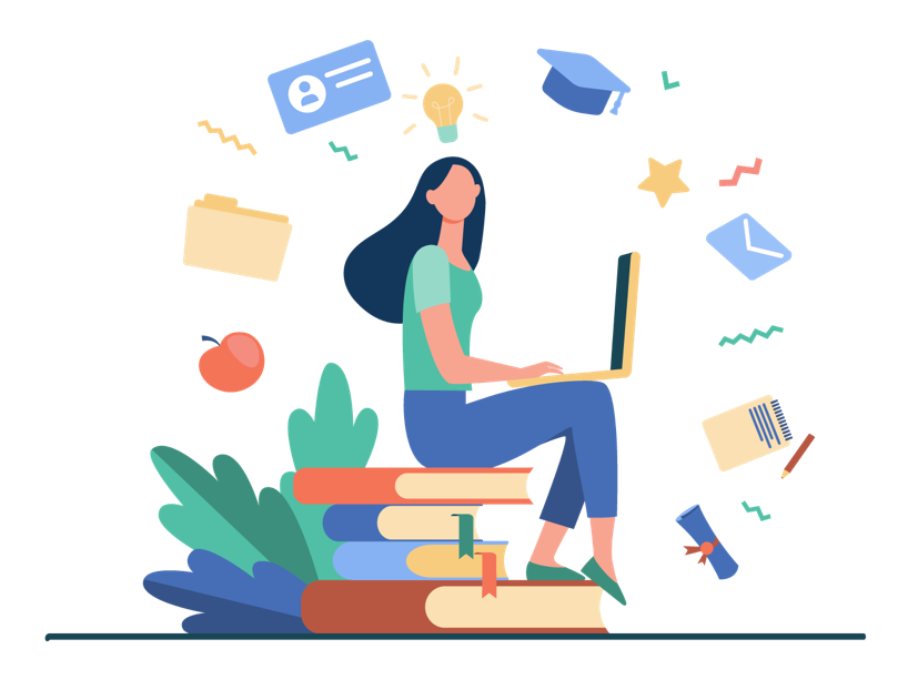 female student sitting on books education vector art